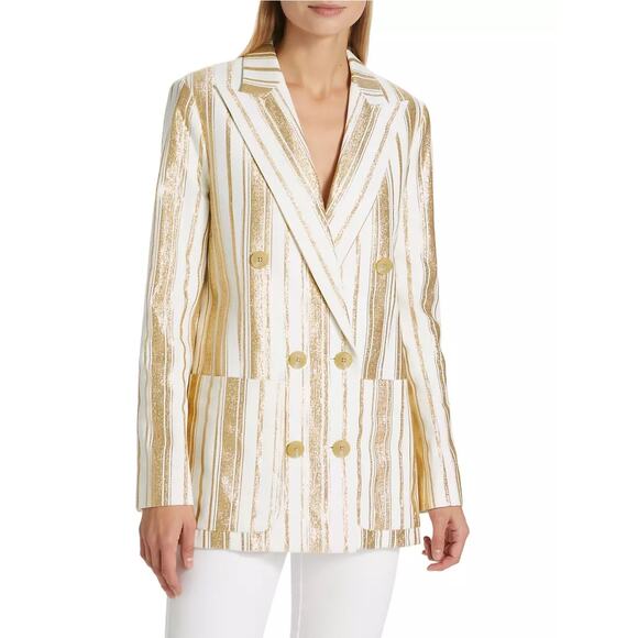 7 For All Mankind Women’s Shine Gold Cream Striped Double Breasted Blazer L